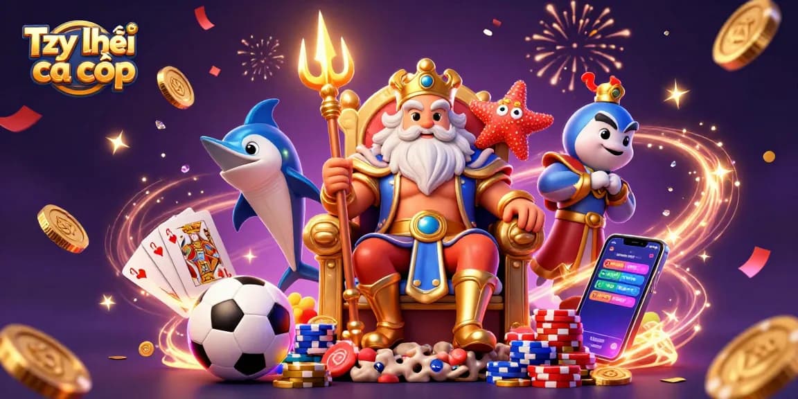 Tỷ lệ cá cược illustrated by Neptune and a swordfish samurai amidst football coins and festive decor.