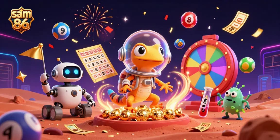 Celebrate with sam 86 as a Martian gecko discovers a golden casino amidst vibrant gambling elements