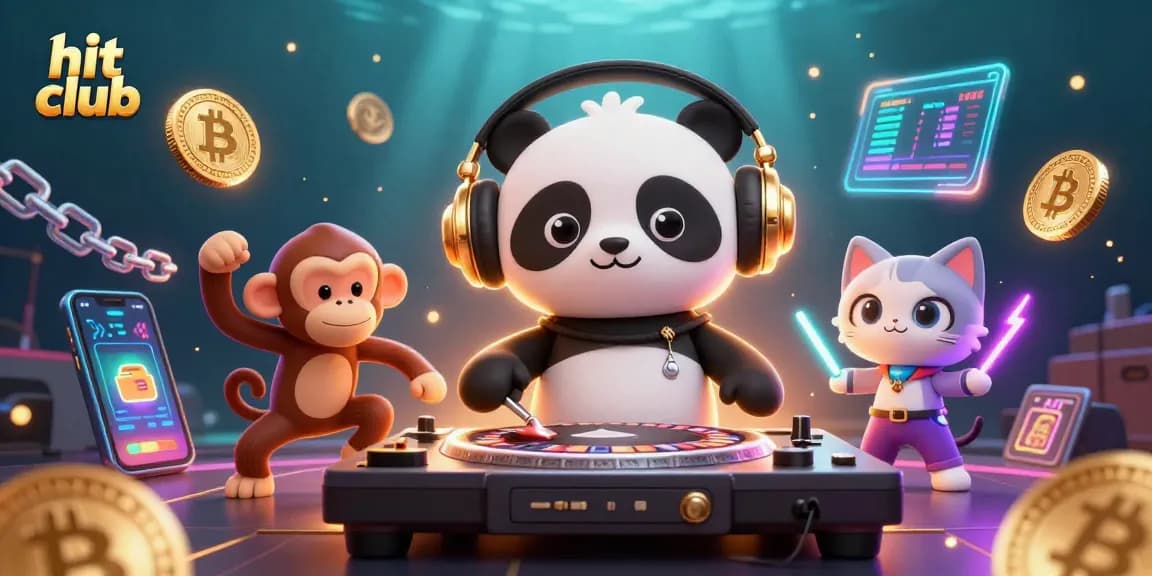 Experience the thrill of Gambler's Delight at Hit Club, with vibrant 3D cartoon characters dancing amid crypto coins and casino elements.
