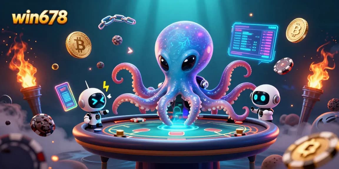 Engage with win678's vibrant casino universe through a dynamic poker scene featuring a galactic octopus.