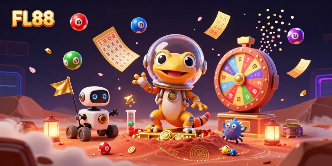 Experience excitement at FL88 with a vibrant 3D illustration of a Martian gecko at a golden casino.