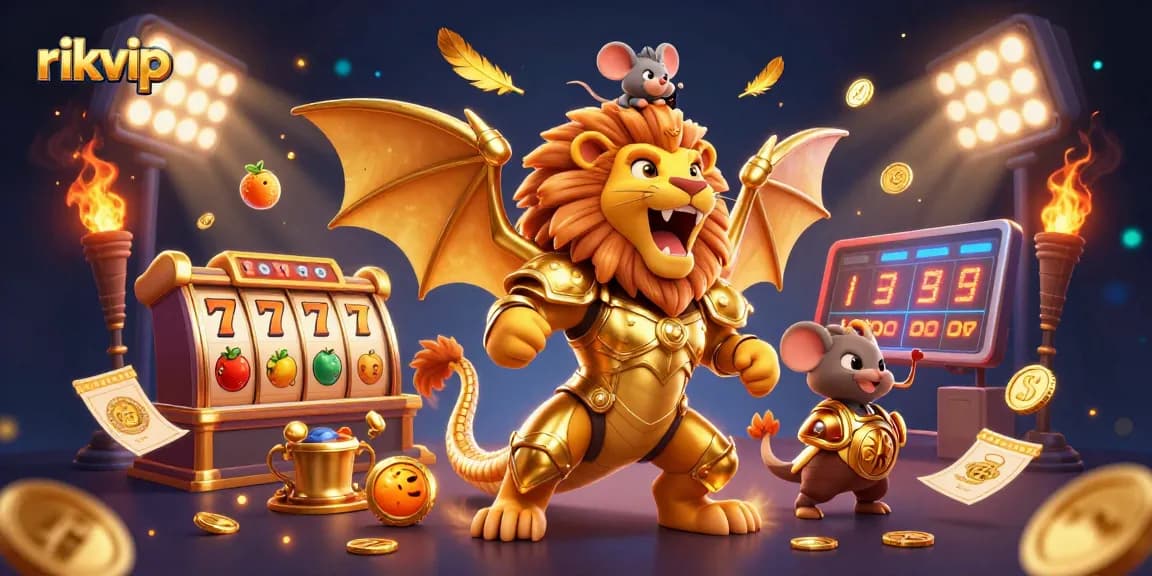 Experience thrilling game play at rikvip with a golden chimera and dynamic slot elements in a vibrant casino scene.