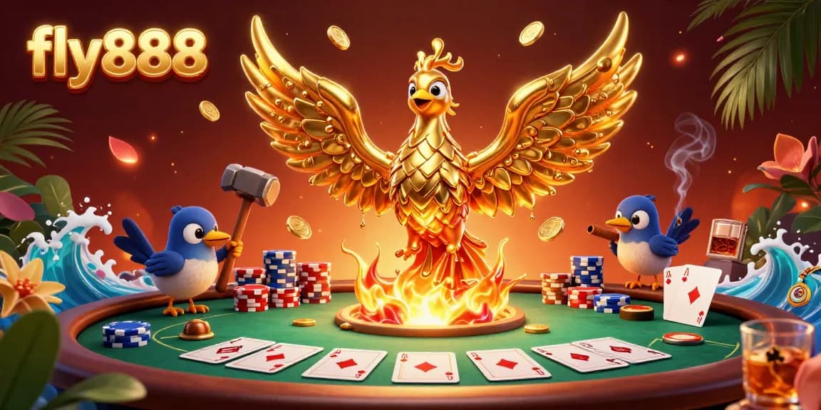 Experience the thrill of fly888 as the golden phoenix emerges, surrounded by vibrant poker elements.