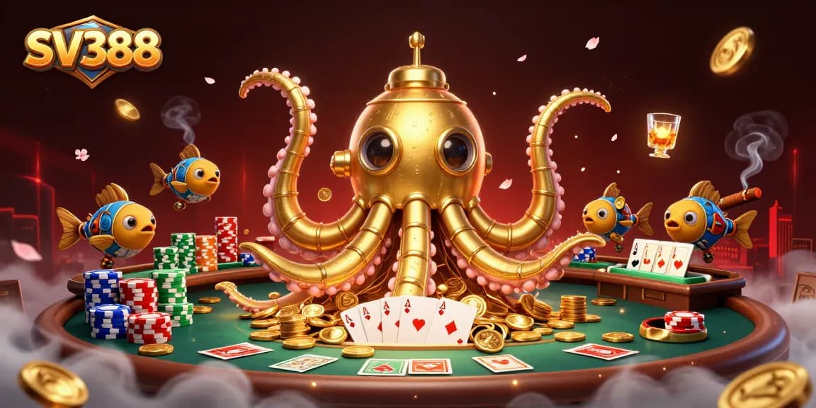 Experience the excitement of SV388 with a vibrant underwater casino adventure featuring a kraken and poker elements.