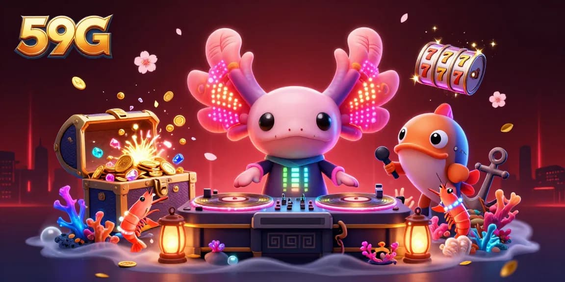 Spin to win with 59G and a vibrant casino scene featuring a DJ axolotl and slot reels.