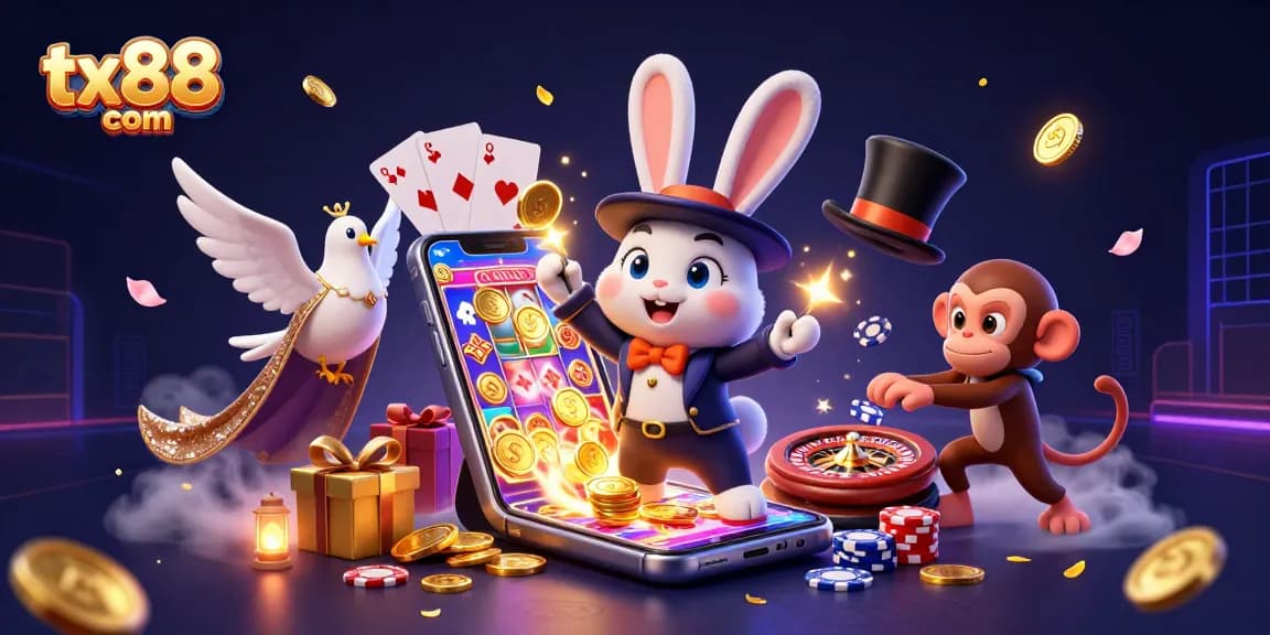Experience the excitement of tx88 com with a playful 3D magician rabbit, dove, and monkey amidst vibrant casino elements.