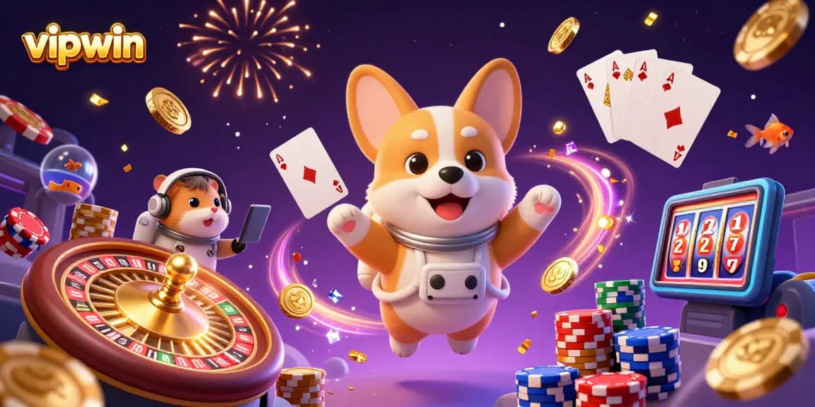 Experience thrilling wins at vipwin with an astronaut corgi and shimmering casino elements.