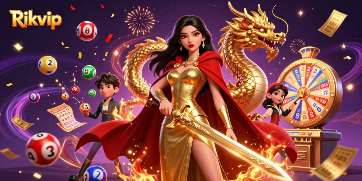 Engaging visual of the Rikvip casino world featuring dynamic lottery elements and a warrior queen theme.