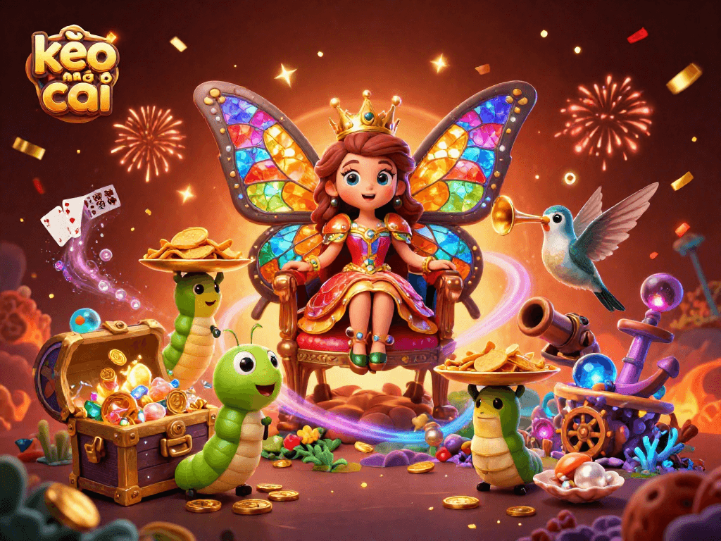 Experience kèo nhà cái with colorful 3D casino scene featuring butterfly queen and treasure elements.