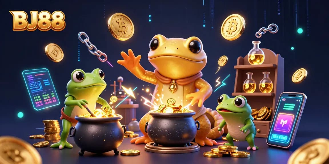BJ88 immerses in 3D alchemical casino magic, transforming metals into gold within a vibrant digital realm.