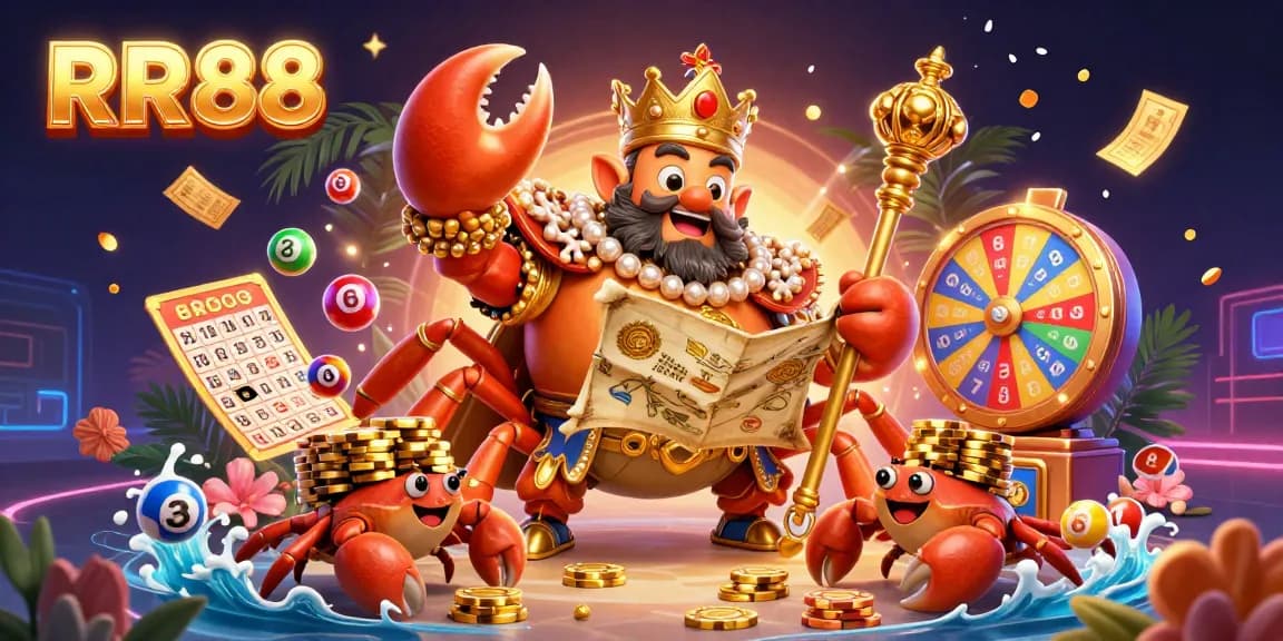 RR88 showcases vibrant lottery elements and a golden crab emperor in this detailed gaming illustration.