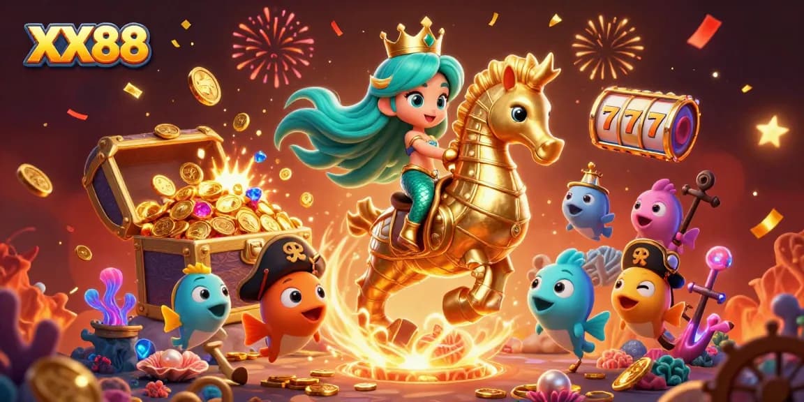 Experience the thrilling excitement of XX88 with a vibrant casino-themed illustration of a mermaid and seahorse.