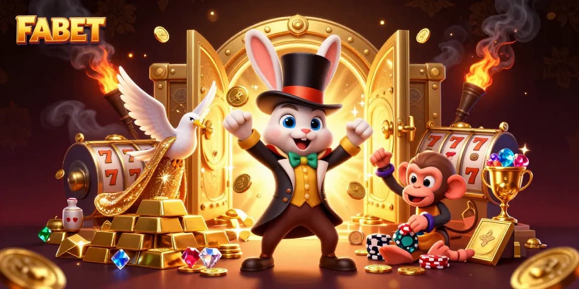 Experience the magic of FABET with a dazzling 3D illustration featuring a magician rabbit and slot treasures.