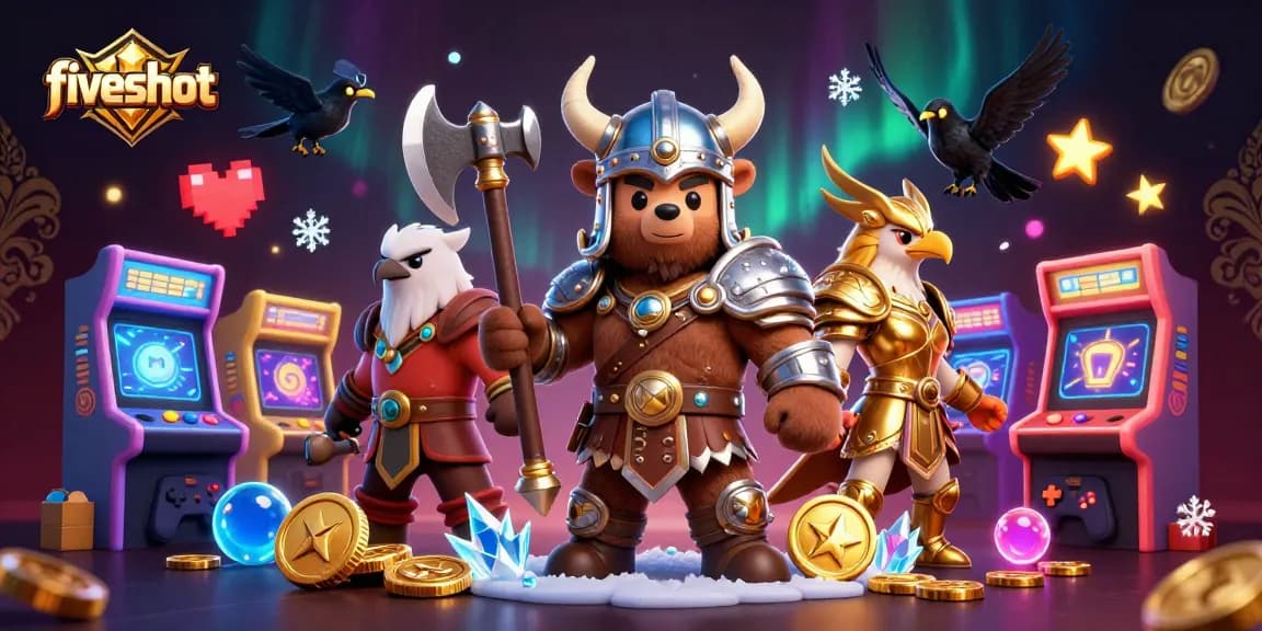 Unlock thrilling adventures with fiveshot as Viking bear battles alongside golden Valkyrie in a vibrant casino scene.