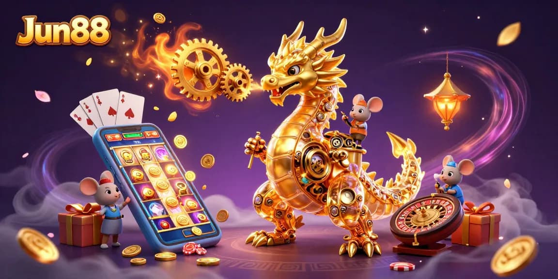 Experience Jun88's thrilling casino atmosphere with a dragon, slot games, and vivid gaming elements.