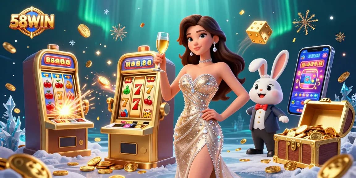 Experience the thrill at 58WIN with a stunning jackpot scene featuring glamorous characters and vibrant casino elements.