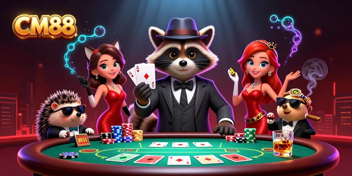 Experience CM88's thrilling poker scene with a suave raccoon, fox lady, and stylish bouncer.
