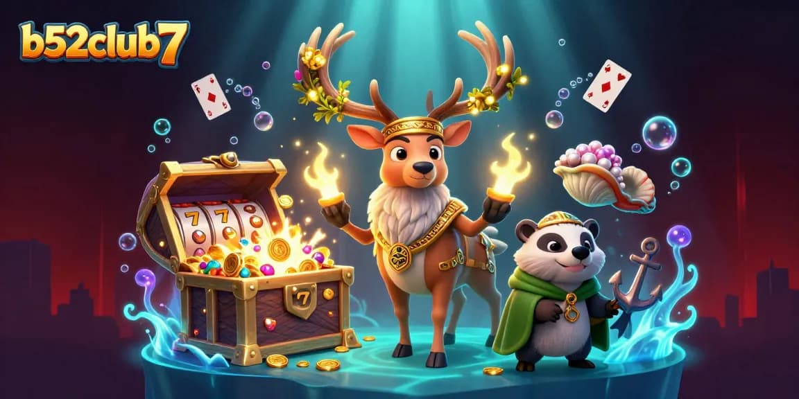 Engage with b52club7’s colorful slots and jackpot treasures illustrated in a vibrant digital scene.