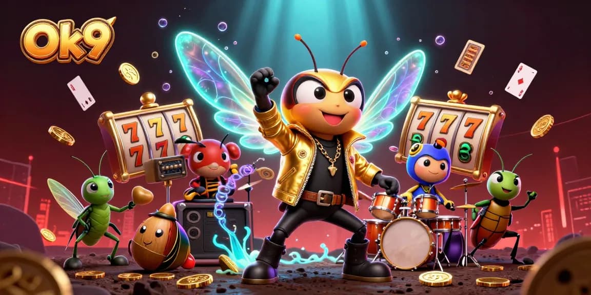 Witness Ok9's dynamic casino scene featuring a rock star cicada amidst exploding jackpots and vibrant gaming elements.