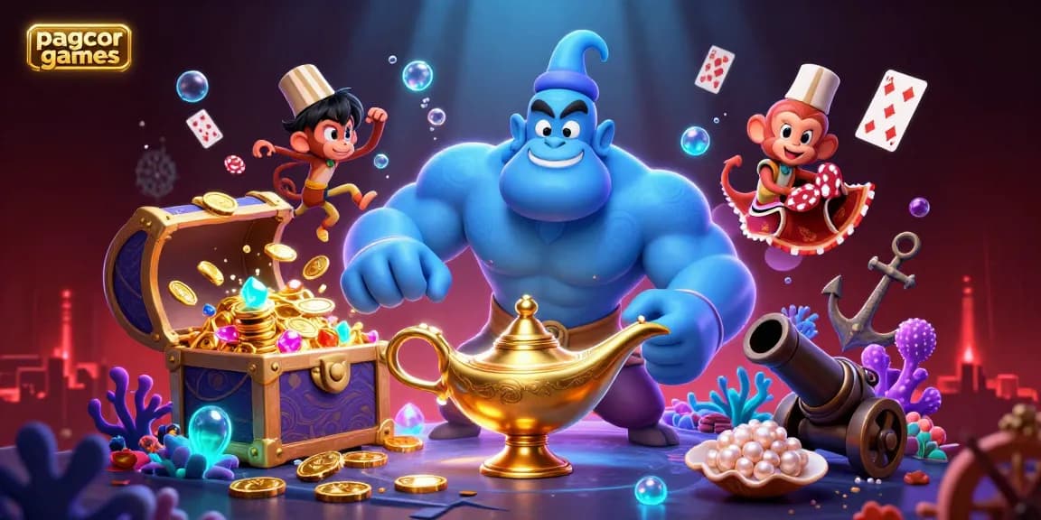 Engage with pagcor games in a vibrant 3D scene featuring a genie and treasure-filled underwater adventures.