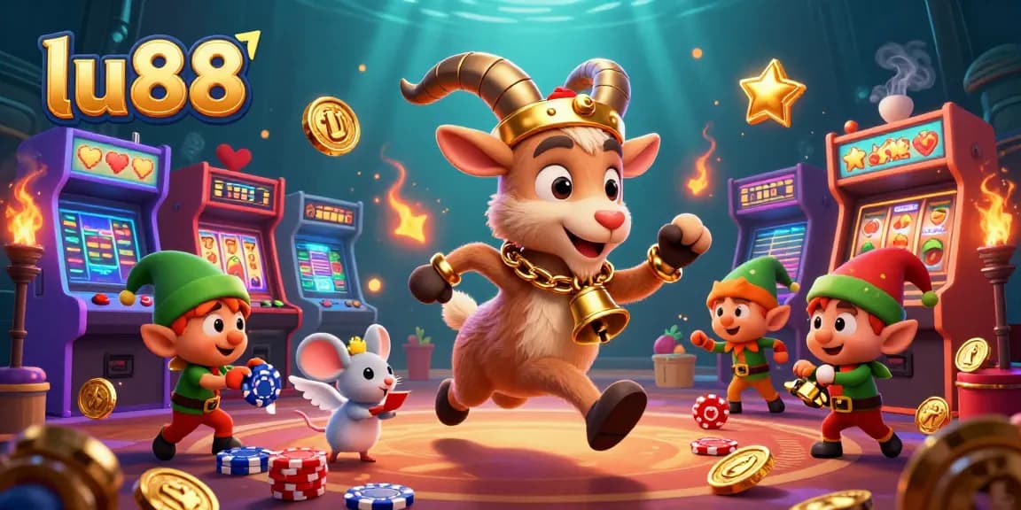 lu88 casino scene featuring a festive Krampus goat and mischievous elves playing in a vibrant arcade.