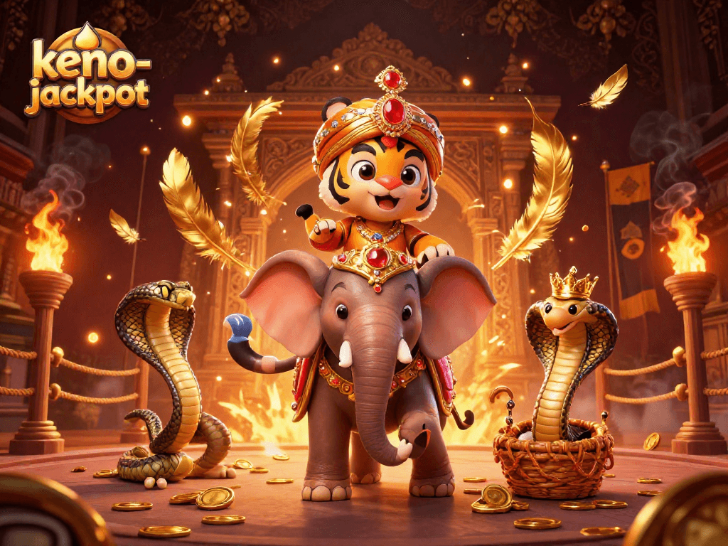 Engage with the thrill of keno-jackpot in a vibrant casino scene featuring a majestic maharaja and his companions.