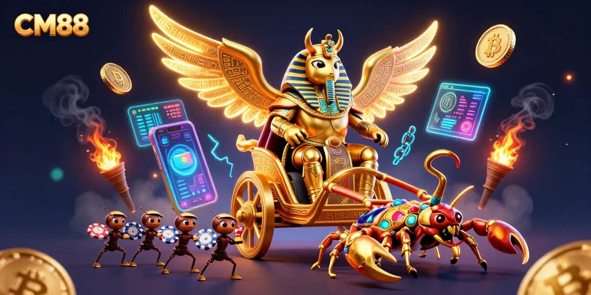 Engage with CM88's vibrant gambling scene filled with golden characters and crypto elements