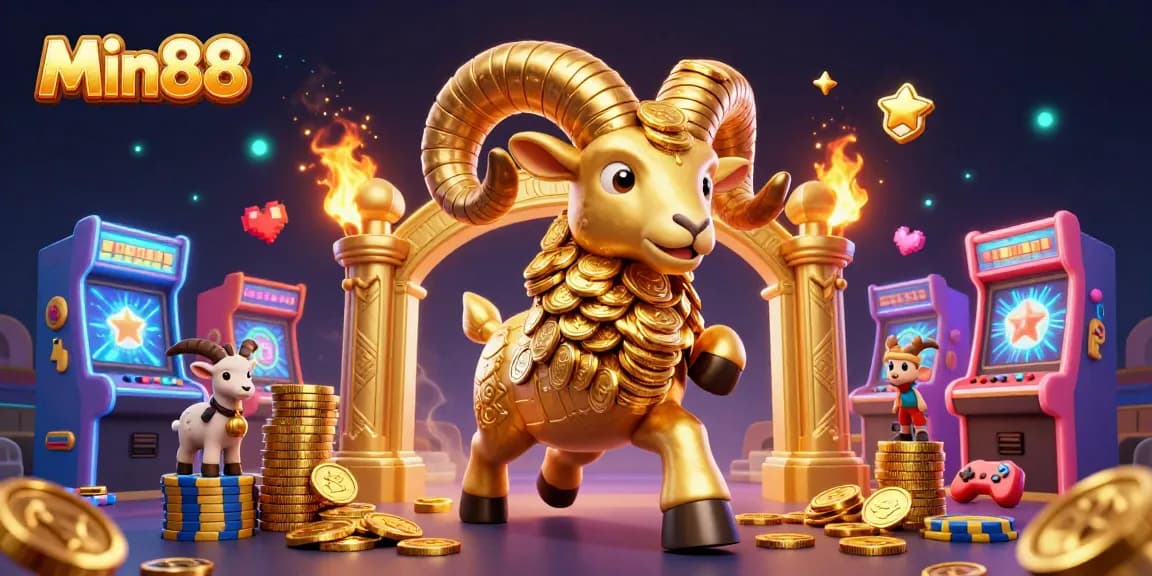 Engage with Min88's vibrant casino world, showcasing a golden ram charging through a dynamic slot machine scene.