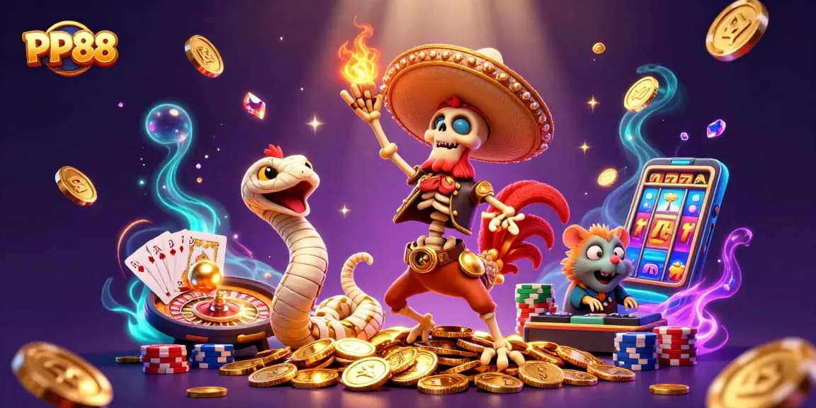 Join the fun at PP88 with a mariachi rooster, zombie DJ, and golden coins everywhere!
