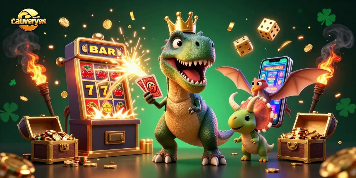 Experience the casino excitement with cauverynews as T-Rex handles cards next to dynamic game elements.
