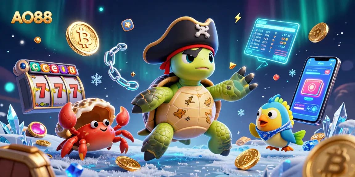 Experience thrilling gaming adventures at AO88 with a vibrant scene of a pirate turtle and friends amidst slot games and cryptocurrency treasures.