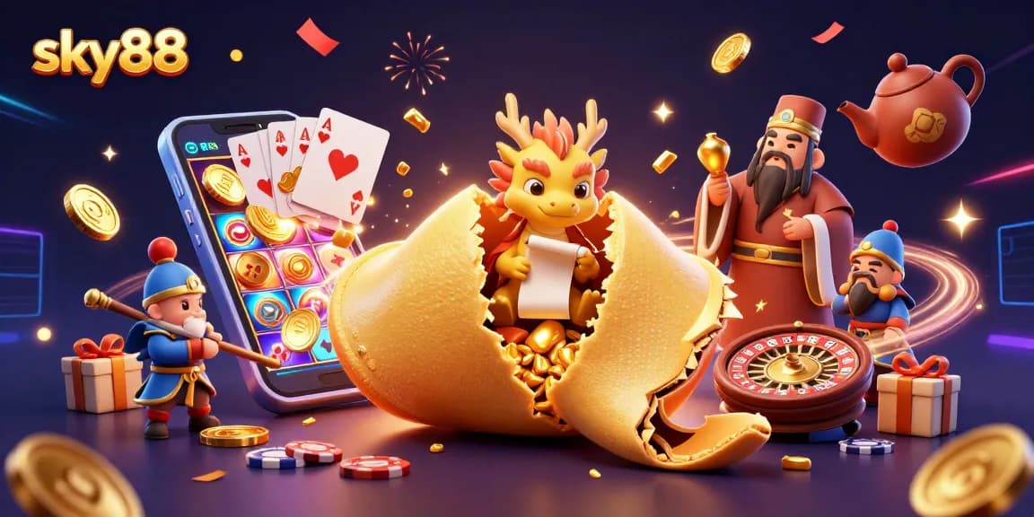 Engage in thrilling games with sky88 featuring golden fortune cookie and gaming elements.