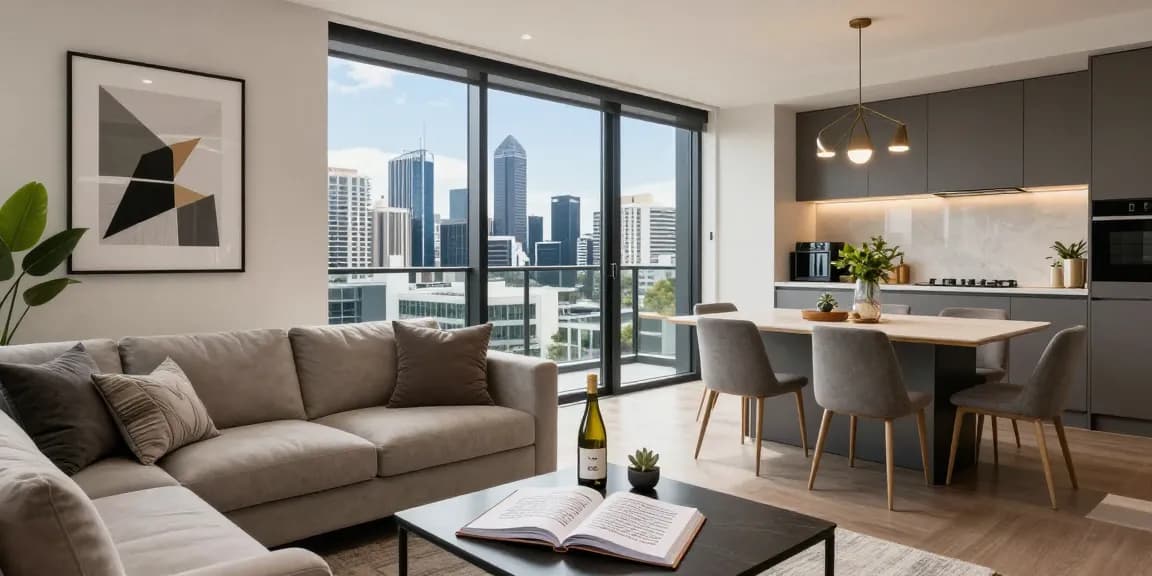 Stylish short-stay property management Melbourne scene with elegant living space, dining area, and city views.