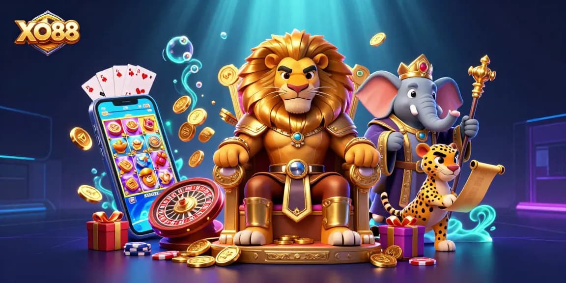 Experience the thrilling action at XO88 with a vibrant casino scene featuring iconic characters and games.