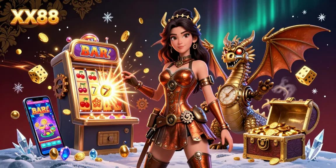 Experience winning moments at XX88 with a stunning steampunk-themed casino illustration showcasing dynamic game elements and a vibrant jackpot.