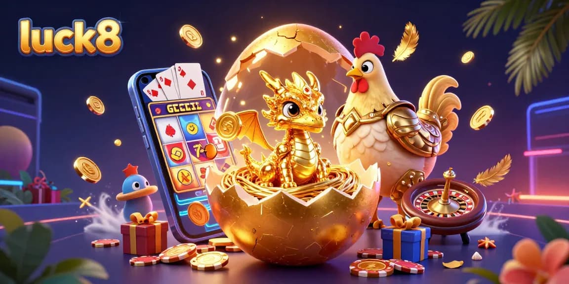 Win big at luck8 with a golden dragon emerging from poker chips amidst swirling casino action.
