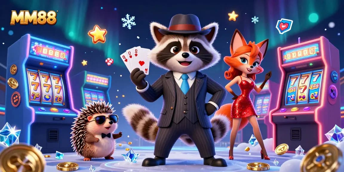 Engage with MM88's colorful 3D casino scene featuring a raccoon and friends showcasing a royal flush hand.