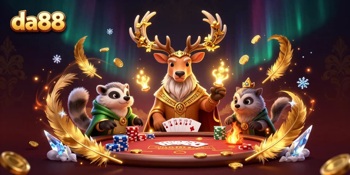 Play poker and win with da88 in a vibrant 3D casino scene featuring unique characters and betting tokens.