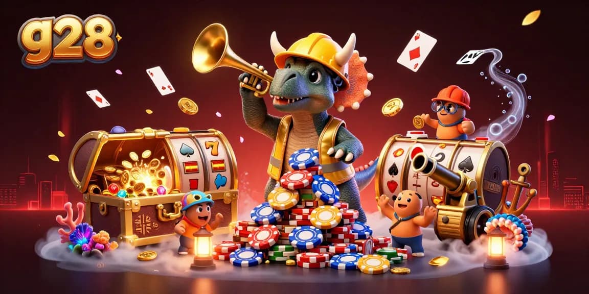 Celebrate with g28 as the triceratops builds poker chip towers in a vibrant casino scene.