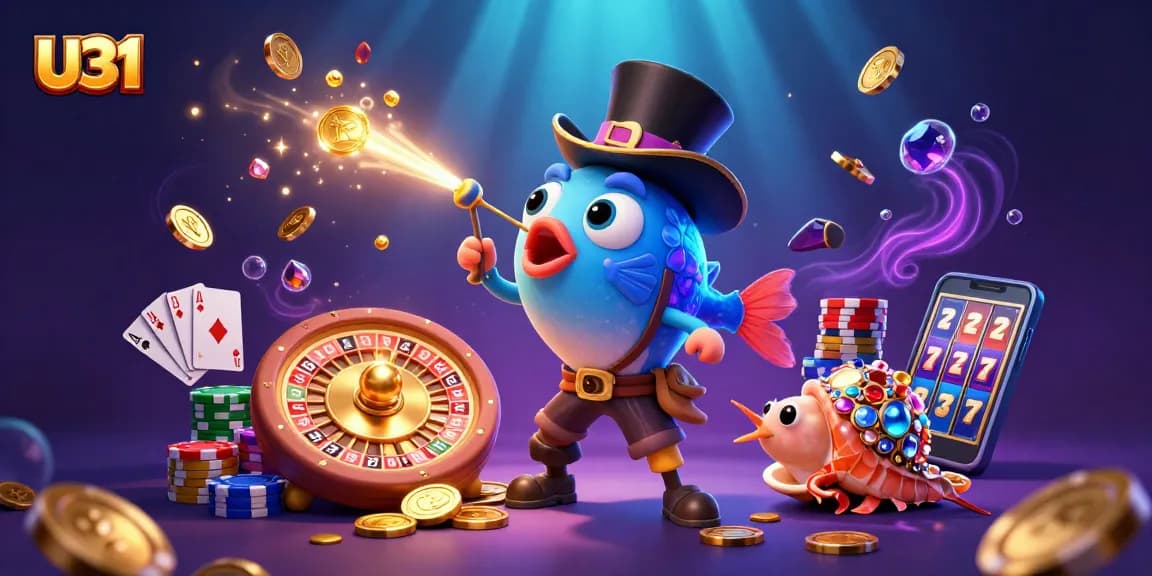 Spin to win with U31: 3D anglerfish luring golden coins in a vibrant casino scene