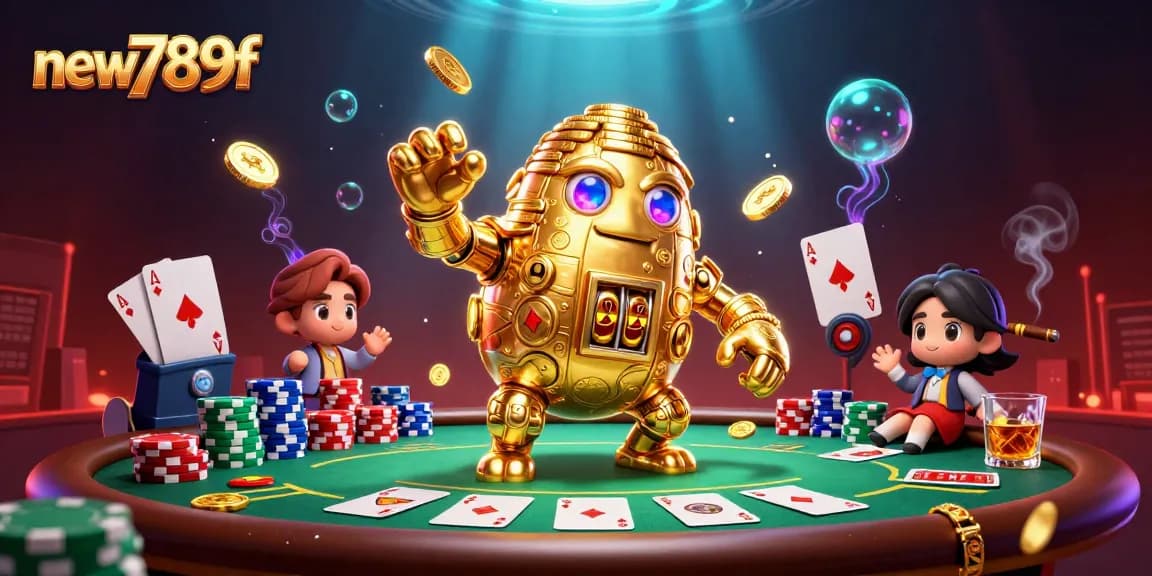 Engage in thrilling gameplay at new789f with a vibrant casino scene featuring a golden golem amidst poker elements.
