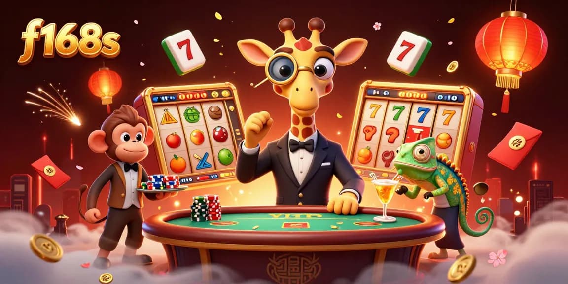 Experience thrilling gaming with f168s featuring a high-roller giraffe at a vibrant casino scene.