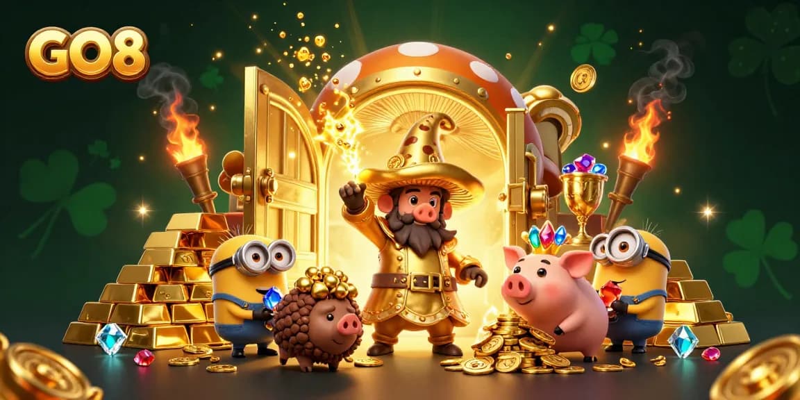 Experience the magic of GO8 with a vibrant scene featuring a golden mushroom wizard and treasures from an online casino world.
