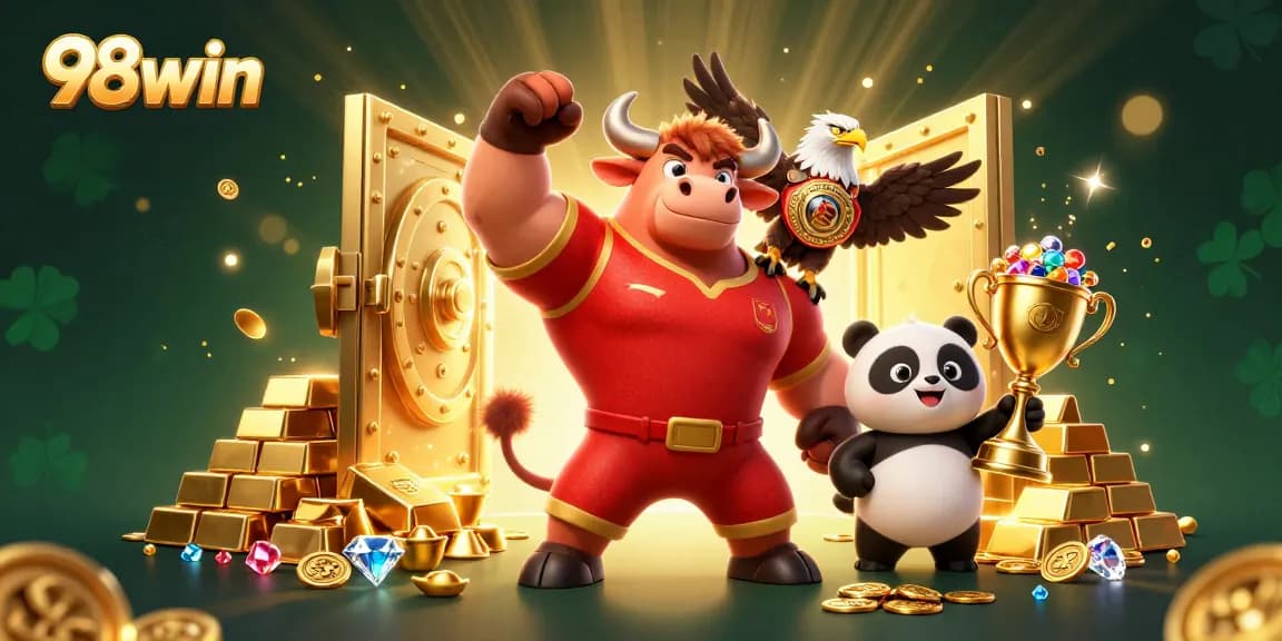 Experience excitement and victory with 98win as the bull mascot, eagle, and panda celebrate in this vibrant casino scene.