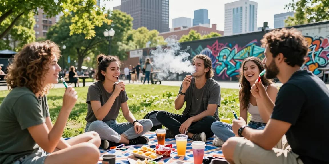 Friends enjoying THC vape pens in a lively urban park setting.