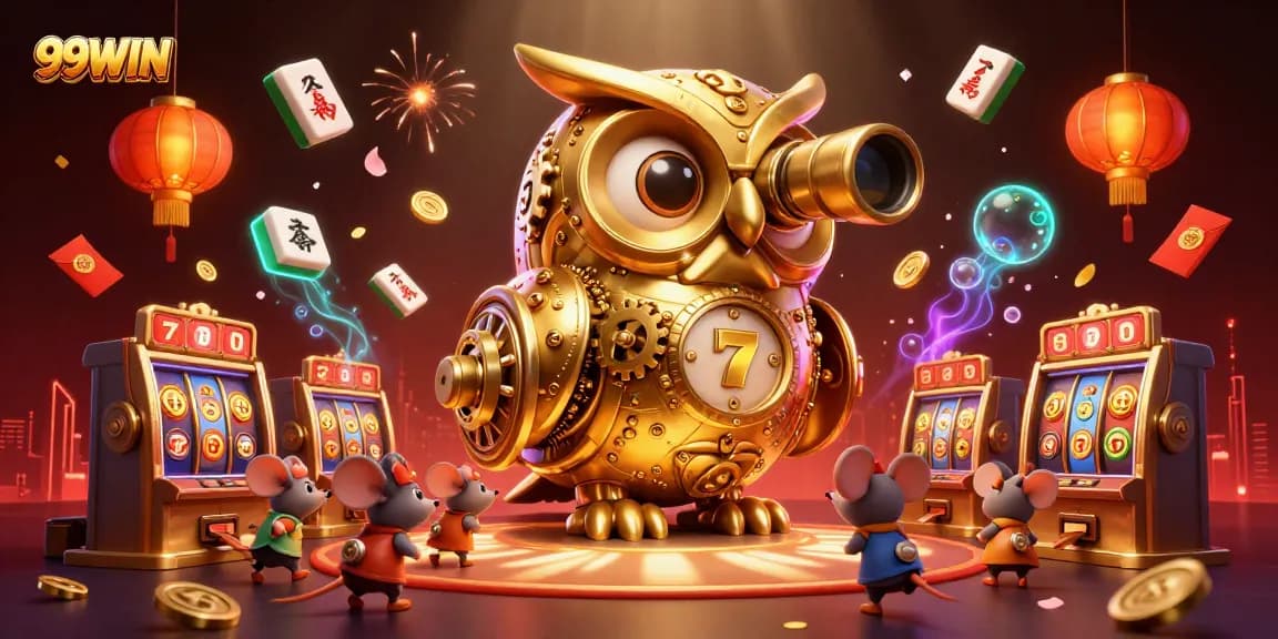 Engage with 99WIN's casino adventures featuring a golden owl and vibrant symbols.