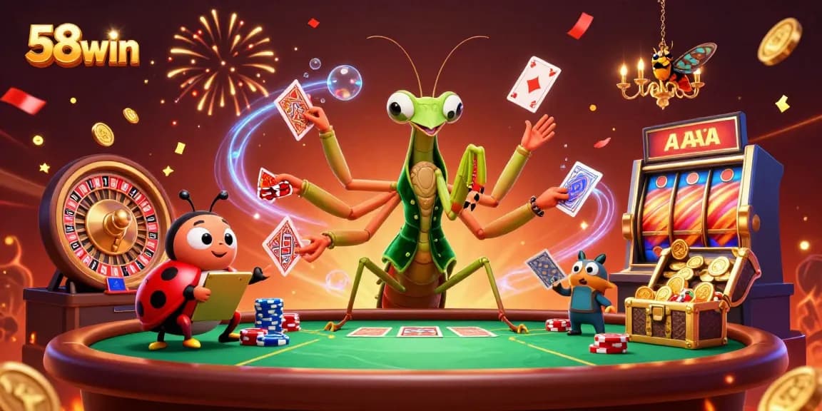 58win showcases an exciting scene of a giant praying mantis card sharp dealing cards and celebrating casino wins.