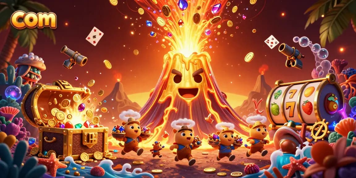 Experience the thrilling eruption of treasures at com's vibrant casino scene featuring treasure elements and playful characters.