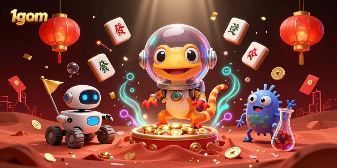 1gom showcases a Martian gecko and a robot at a golden casino, symbolizing exciting betting opportunities.