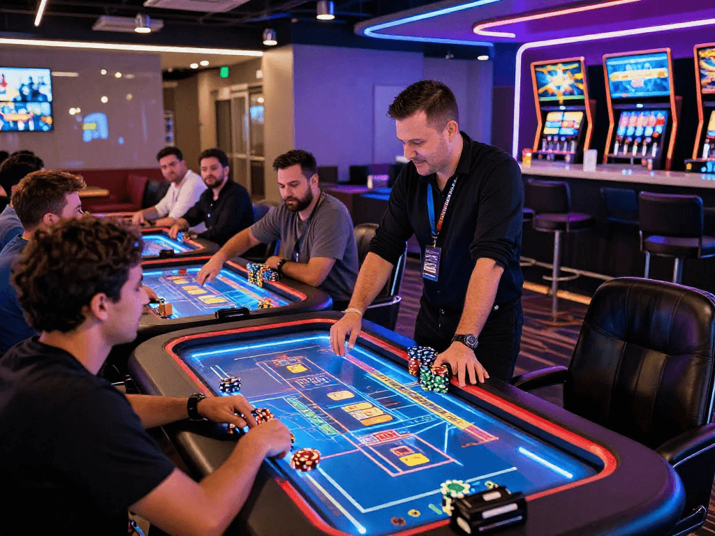 Exciting crypto casino gaming scene with players at digital tables and neon lights.